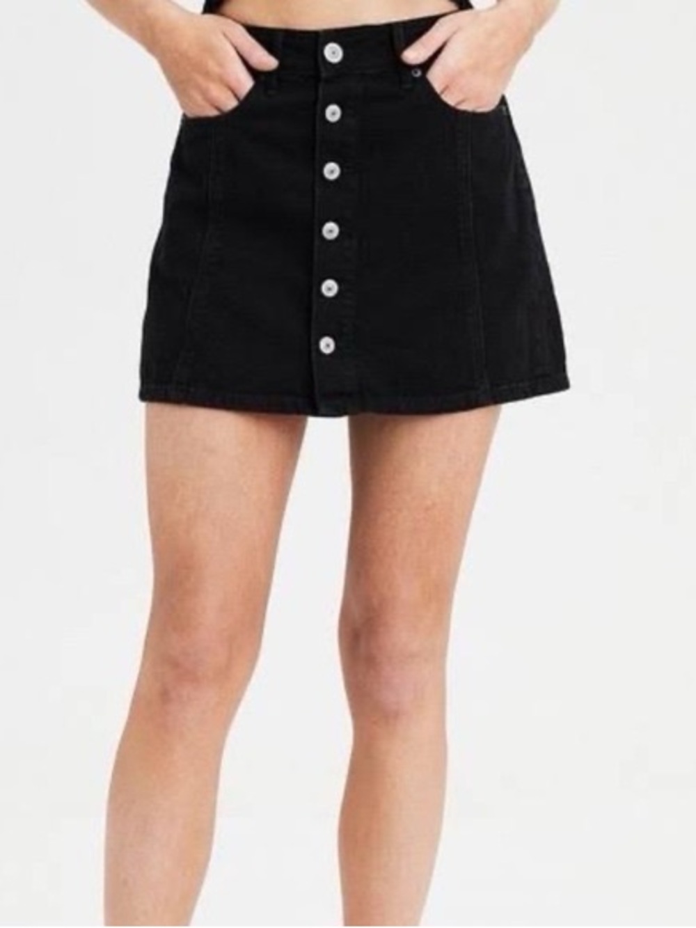 American Eagle Black Denim Jean High Rise Button-Front A-Line Mini Skirt Size 10